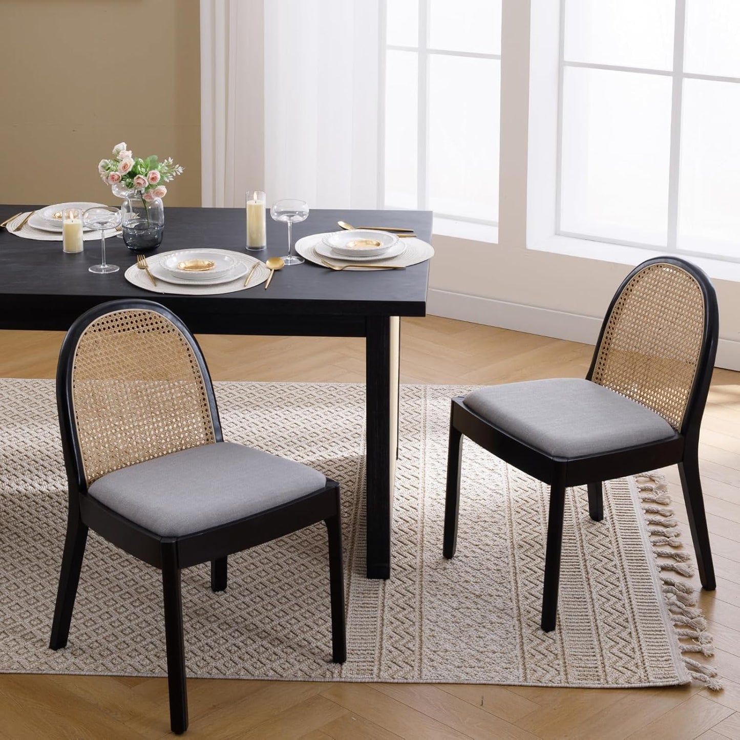 Mid Century Dining Chairs Set of 6, Accent Rattan Side Chairs Linen Fabric Kitchen Chair with Solid Wooden Legs for Living Room Dining Room, Grey