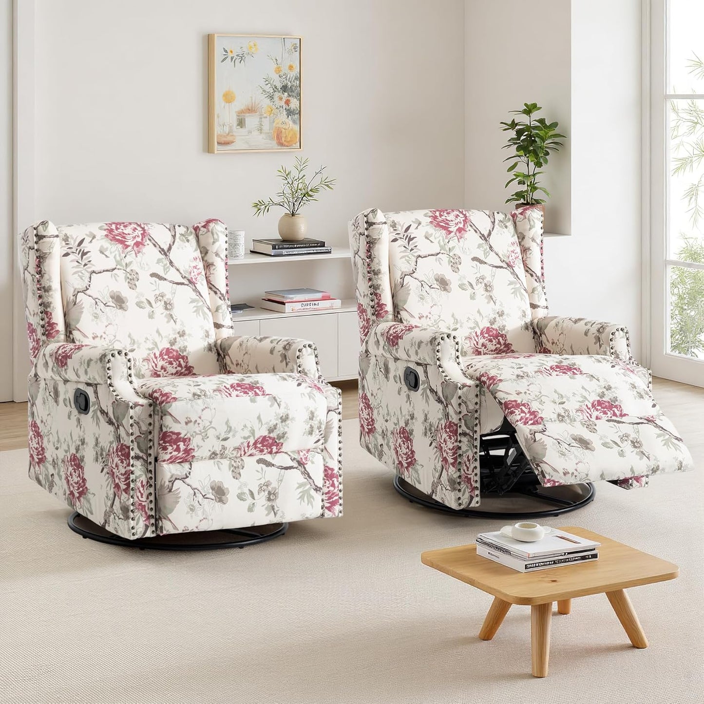 UIXE Swivel Rocker Manual Recliner Chairs Set of 2, Wingback Swivel Glider Fabric Nursery Reclining Sofa Chair, High Back Upholstered Arm Chair for Living Room Bedroom - Beige Floral