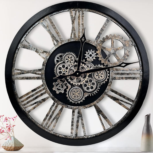 The B-Style 36" Large Moving Gear Wall Clock Oversized Vintage Farmhouse Wall Clocks for Living Room Decor Rustic Industrial Wood Clock (Black and Bronze)