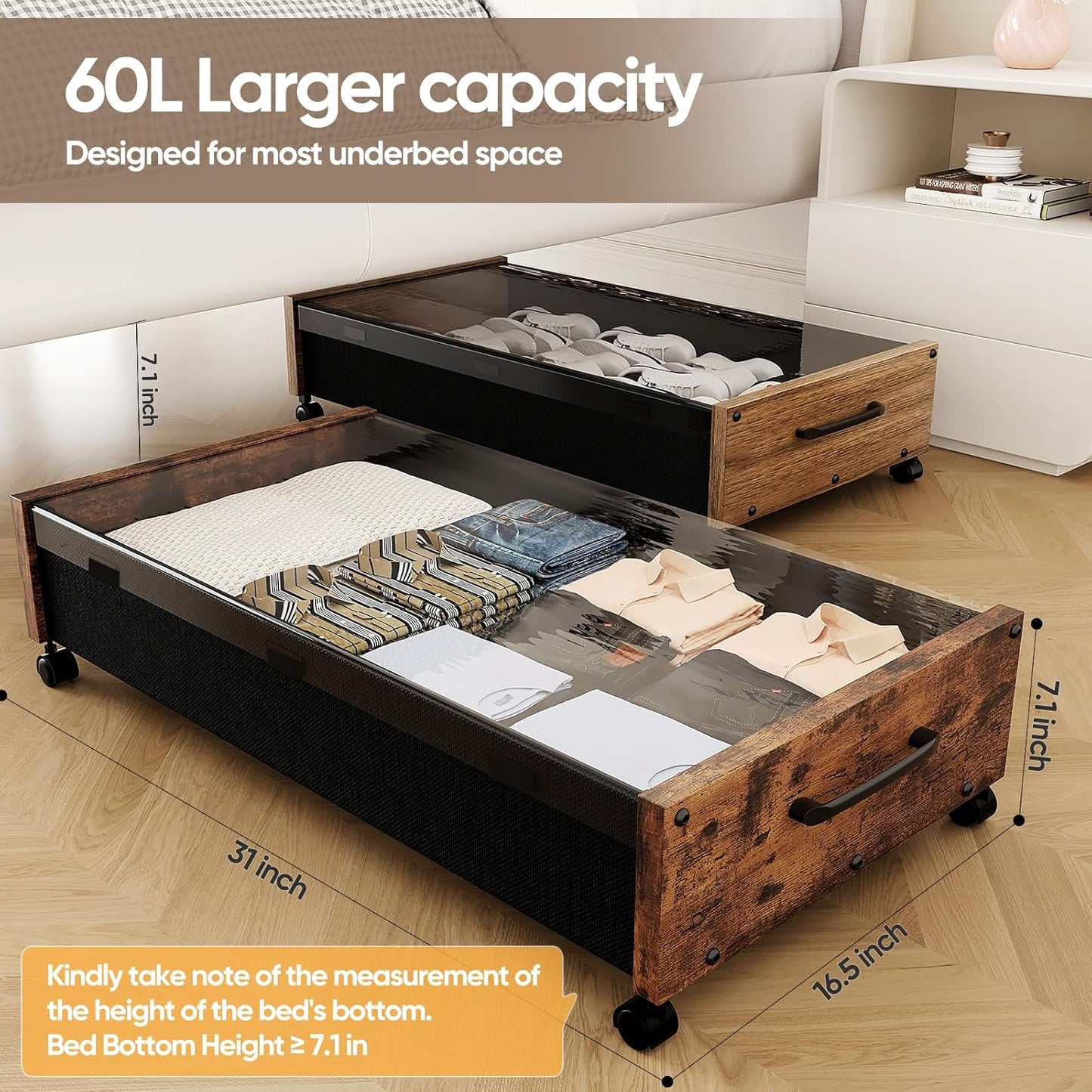 Wooden Under Bed Storage with Wheels, Rolling Under the Bed Storage Bins with Removable Lid, Metal Under Bed Drawers for Clothes and Shoes in Bedroom or Living Room(Walnut Brown-2pack)