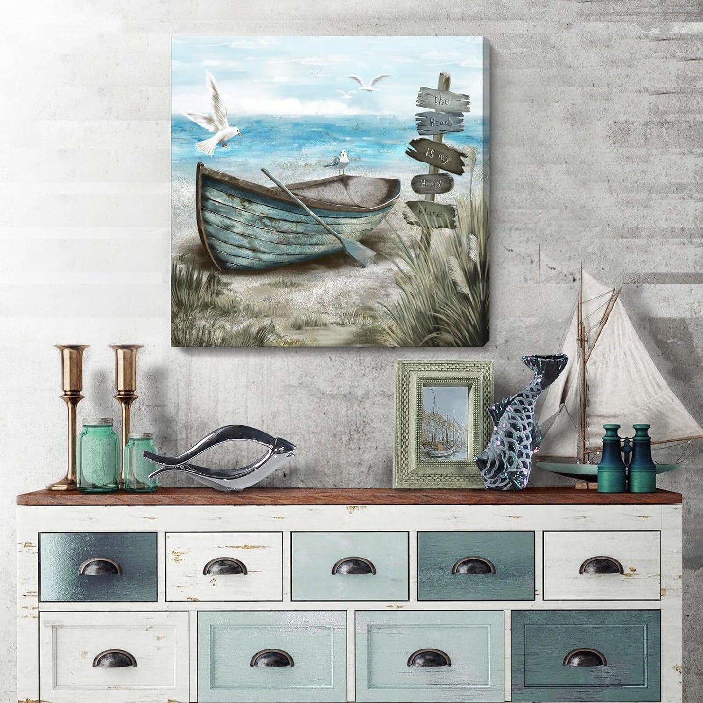 Canvas Wall Art Beach Décor Wall Picture Rustic Coastal Sand Canvas Print Ocean Nautical Painting Seascape Sea Bird Vintage Ship Boat Artwork for Seaside Living Room Bedroom Bathroom Decor Blue Large