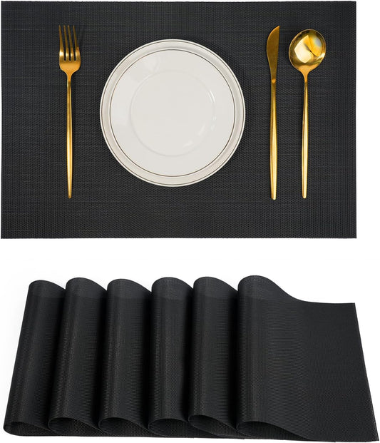 Placemats Set of 6，Non-Slip PVC Weave Table Mats Easy to Clean，Heat Resistant Place Mats for Kitchen Dining Table Decoration Indoor Outdoor，Black