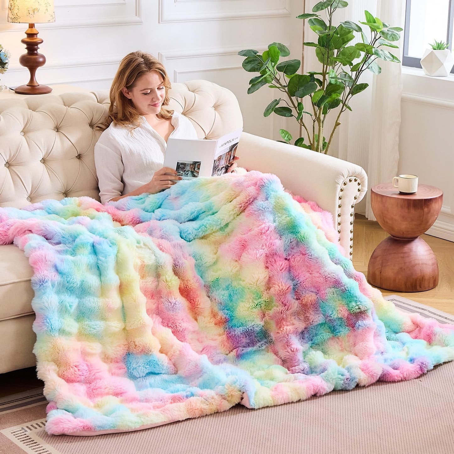 Lotus Karen King Size Faux Fur Blanket Rainbow - Big Bubble Rabbit Fluff Blanket for Bed, Large Fluffy Fuzzy Cozy Blanket, Thick Furry Plush Shaggy Blankets, 108x90 Inches