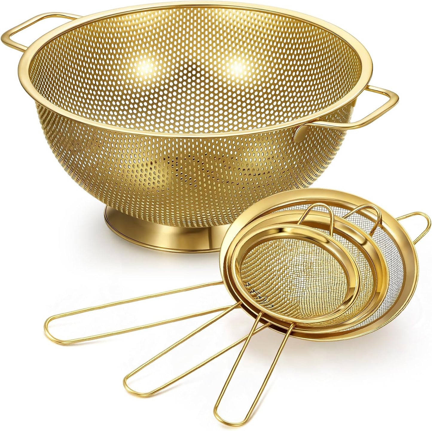 Norme 7 Quart Stainless Steel Gold Colander and 3 Pcs Gold Fine Mesh Strainer, Stainless Steel Pasta Rice Food Metal Strainer with Handles, Easy Clean and Dishwasher Safe