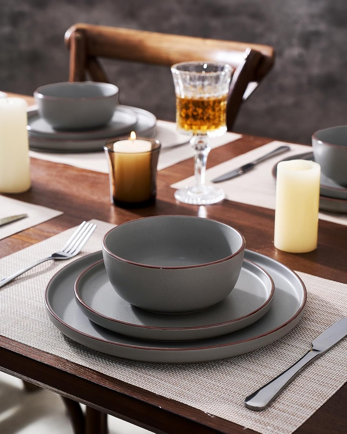 Famiware Mercury Plates and Bowls Sets, 18 Pieces Stoneware Dinnerware Sets, Dishes Set for 6, Microwave and Dishwasher Safe, Dark Grey