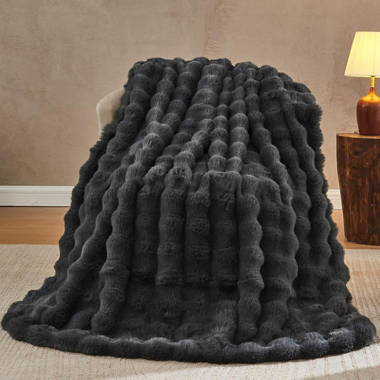Lotus Karen Faux Fur Blanket Dark Gray Twin Size - Big Bubble Rabbit Fluff Throws for Couch Small Fluffy Fuzzy Cozy Thick Furry Plush Shaggy Blankets 60x80 Inches