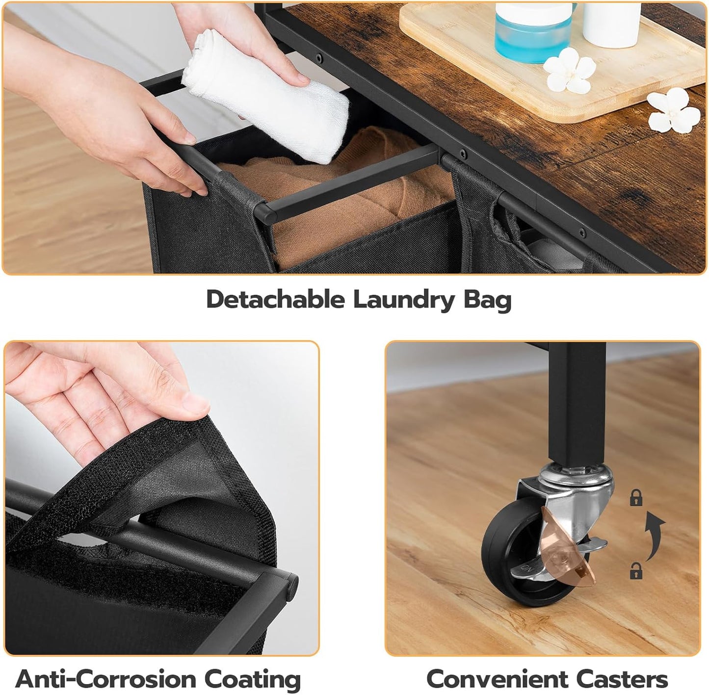 HOOBRO Laundry Sorter 3 Section, Laundry Hamper with Wheels, 3 × 11.5 Gal (43.5 L), Rolling Laundry Basket, Pull-Out and Removable Oxford Fabric Laundry Bags, Rustic Brown and Black BF76XY01