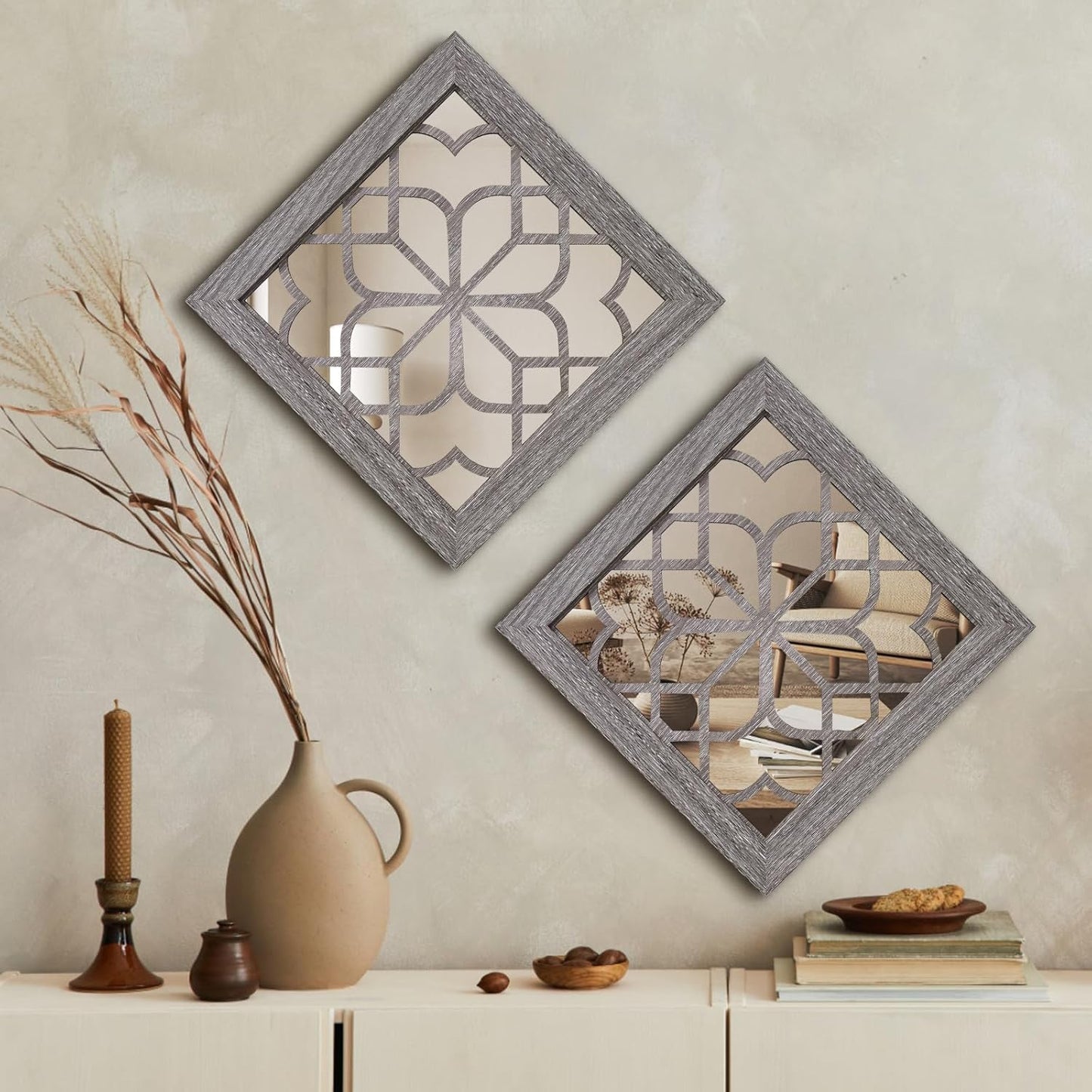 Boho Square Wall Mirrors Set of 2-12" x12'Decorative Mirrors for Wall Decor, BrownHandcrafted Mirror Panels Perfect for LivingRoom Bedroom Entryway Hallway (Brown)
