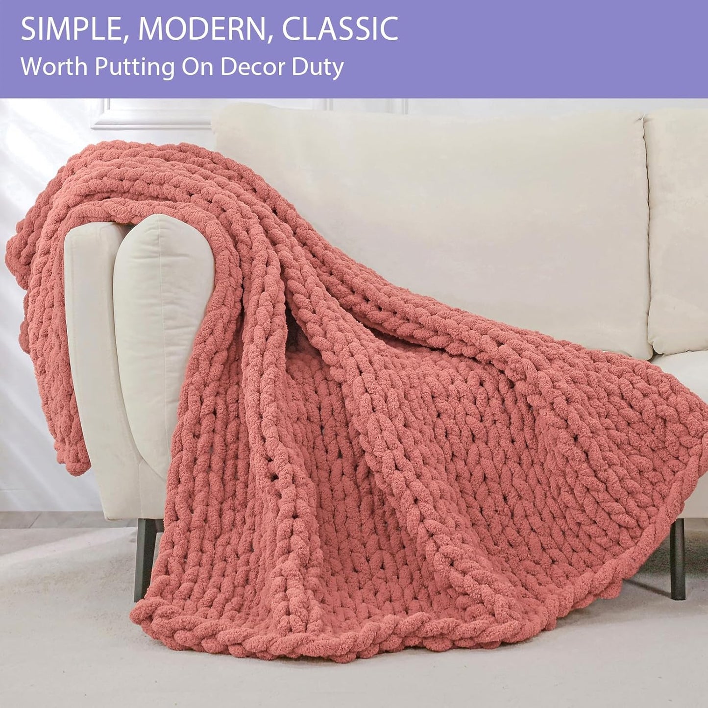 Bigacogo Chunky Knit Throw Blanket for Couch, 40x60 inches, 100% Hand Knitted with Thick Jumbo Chenille Yarn, Cozy Soft Large Rope Knot Cable Crochet Blankets for Sofa Bed Living Room, Antique Red
