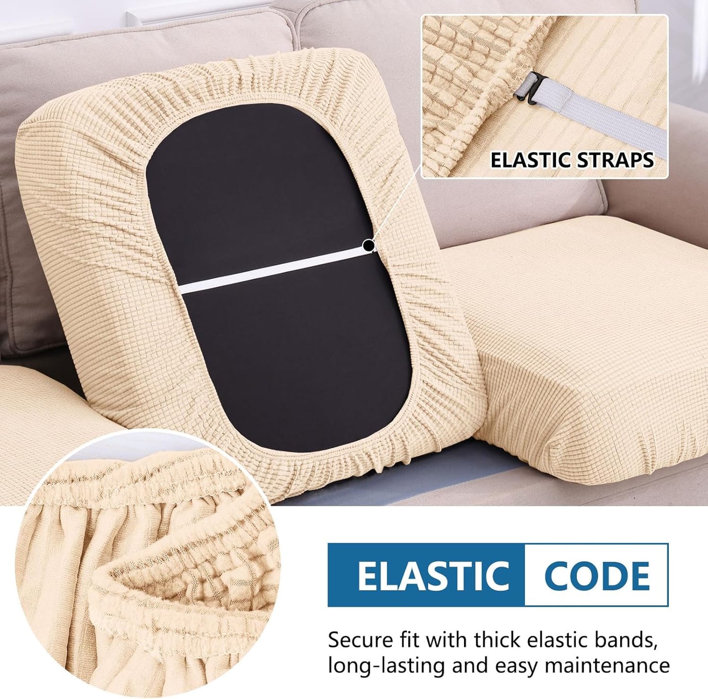 hyha Waterproof Couch Cushion Covers for Pets, Non Slip Sofa Seat Cover for Dogs Washable, Soft Thick Stretch Jacquard Fabric, Sofa Slipcovers with Elastic Bottom (3 Pieces, Beige)