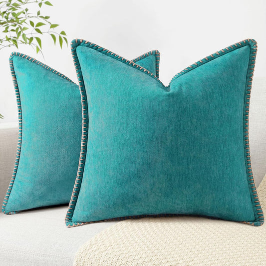 decorUhome Chenille Soft Throw Pillow Covers 26x26 Set of 2, Farmhouse Velvet Neutral Decorative Euro Pillow Covers with Stitched Edge for Couch Sofa Bed Home Decor, Turquoise