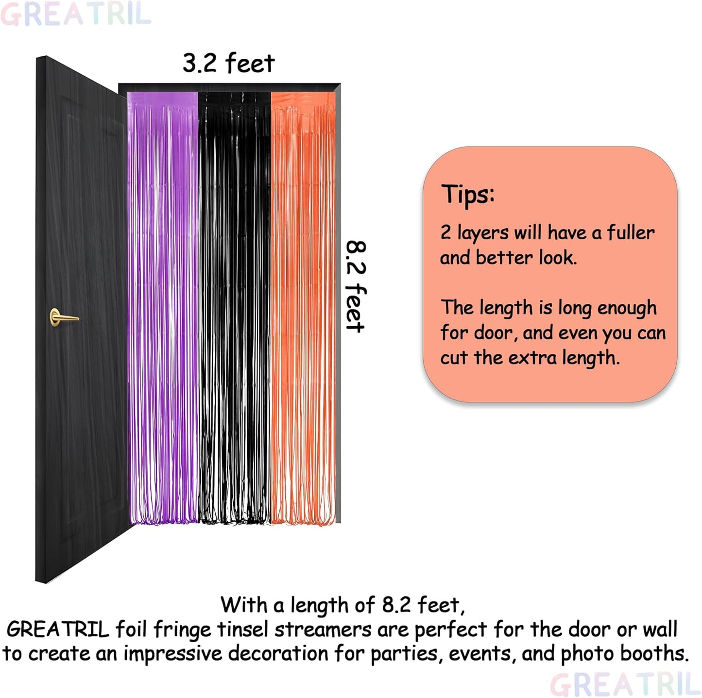 Black Purple Orange Party Streamers - GREATRIL Foil Fringe Backdrop for Hocu Birthdays Halloween Party Supplies - 3.2ft X 8.2ft - 2 Packs