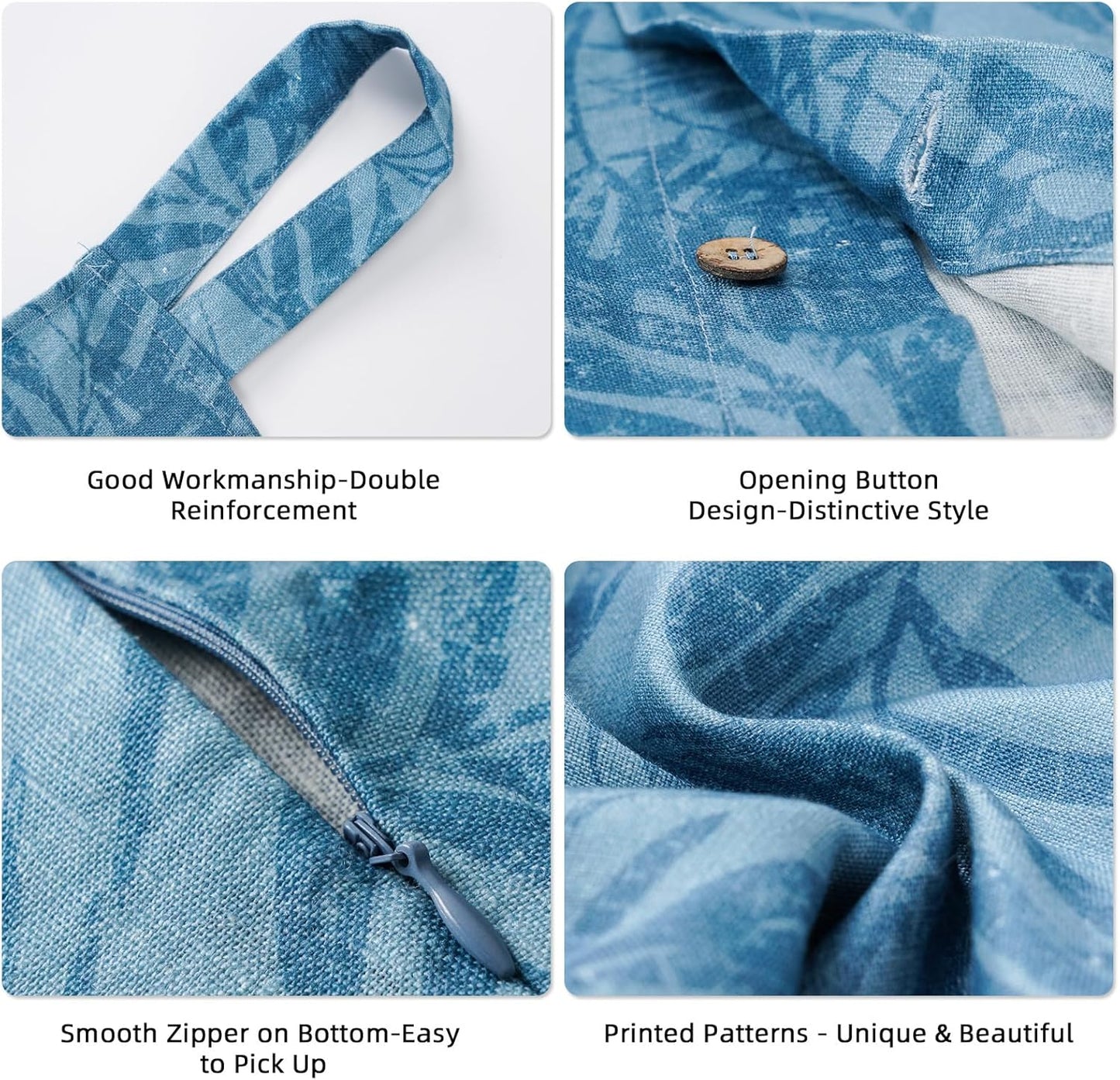 Linen Hanging Laundry Bag, 100% Linen Leaf Print Over The Door Laundry Hamper with Buttons and Zipper, Space Saving Door Hampers for Laundry Dirty Clothes Home Travel, Blue, 19.7x27.5inches