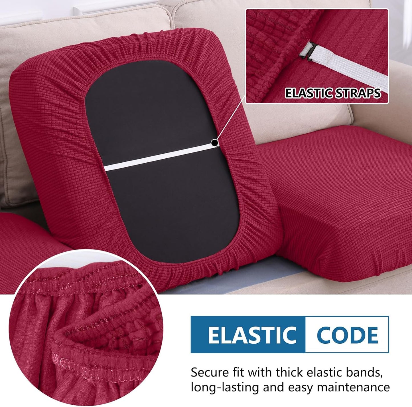 hyha Waterproof Couch Cushion Covers for Pets, Non Slip Sofa Seat Cover for Dogs Washable, Soft Thick Stretch Jacquard Fabric, Sofa Slipcovers with Elastic Bottom (2 Pieces, Wine Red)