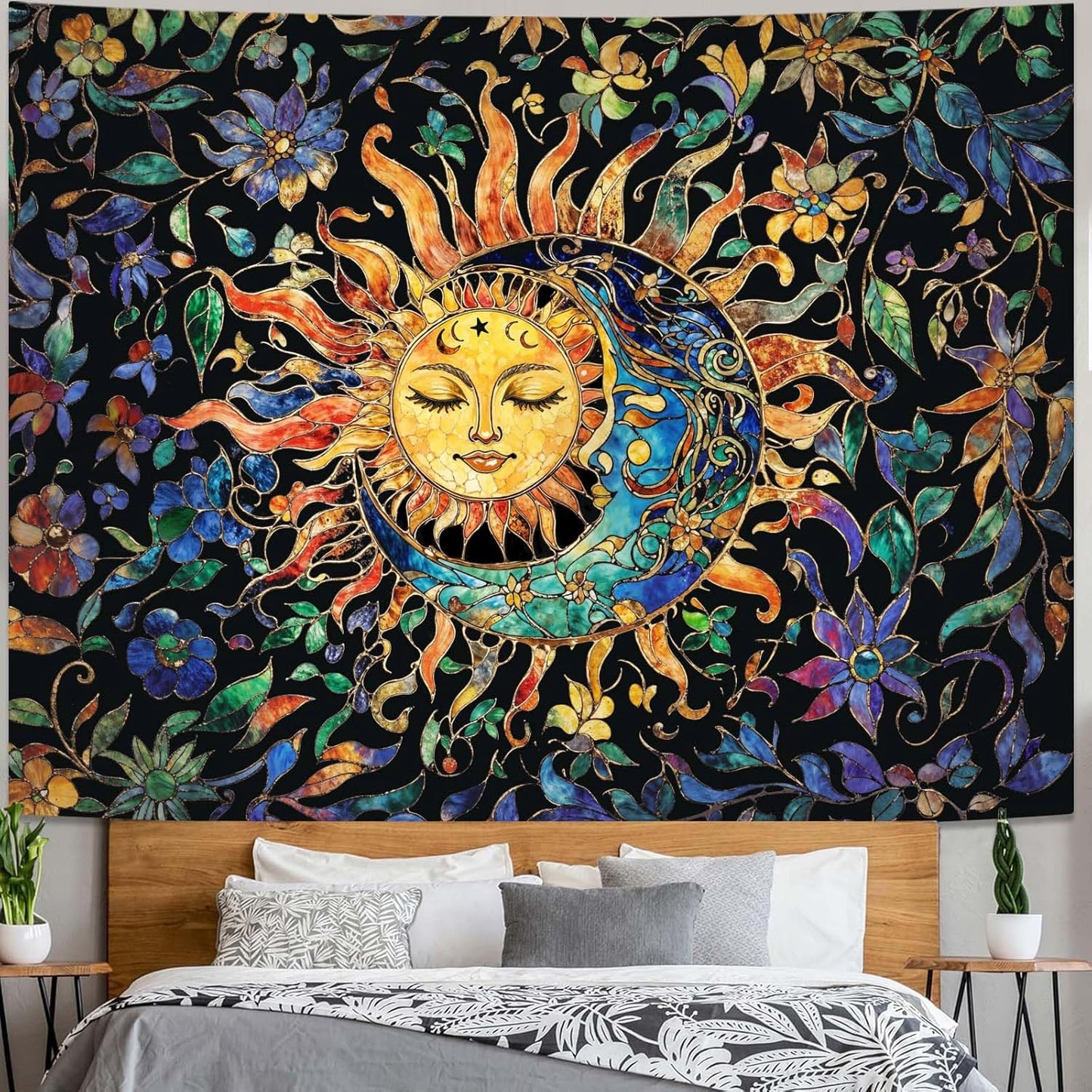 Aipon Sun and Moon Tapestry for Bedroom Boho Hippie Floral Wall Tapestry Aesthetic Vintage Stained Glass Plant Extra Large Tapestries Wall Hanging for Living Room Dorm 90 x 68 Inch