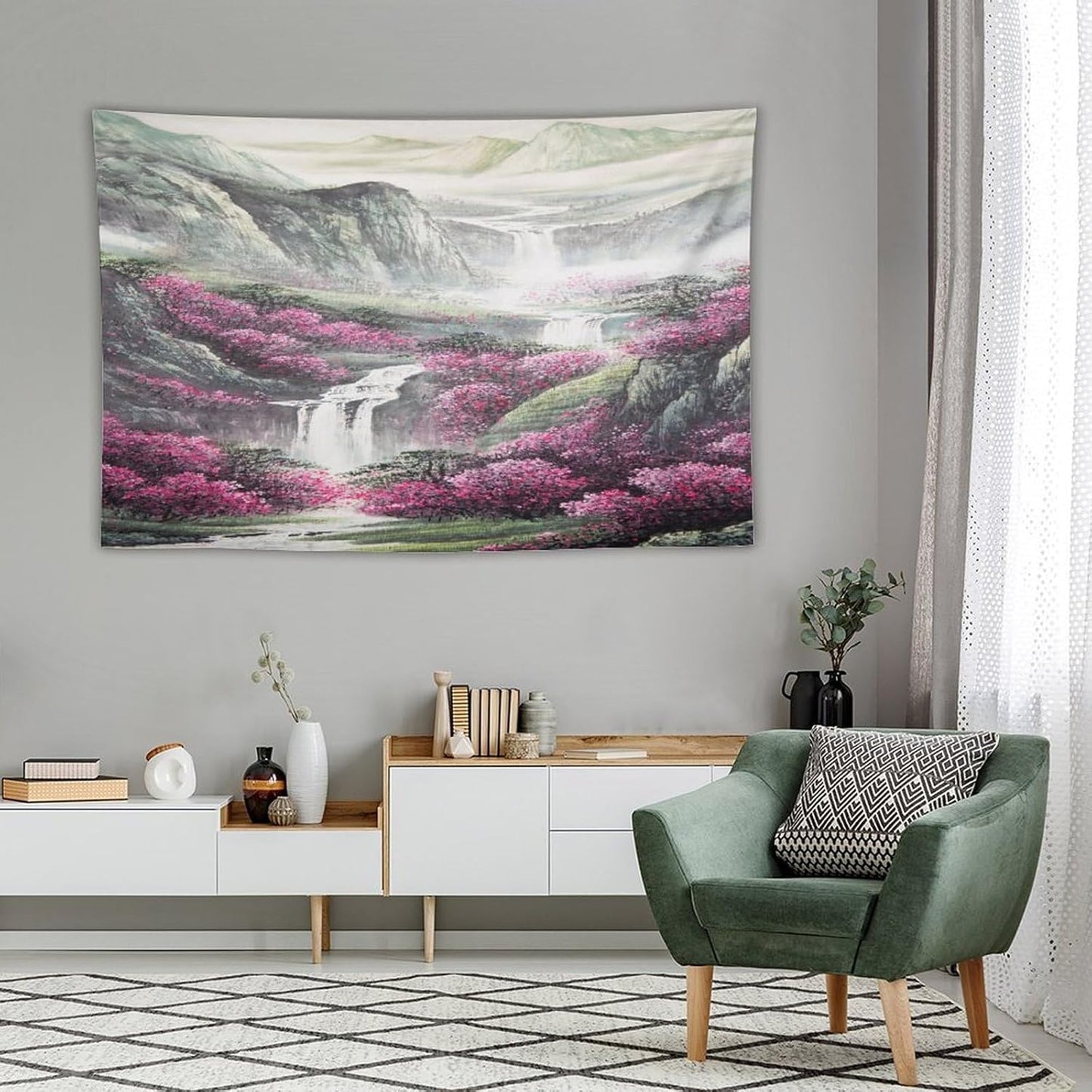 Japanese Tapestry, Red Plum Blossom Mountain Tapestry, Asian Japanese Wall Tapestry, Nature Landscape Tapestries for Bedroom Living Room Decor 90"x60"
