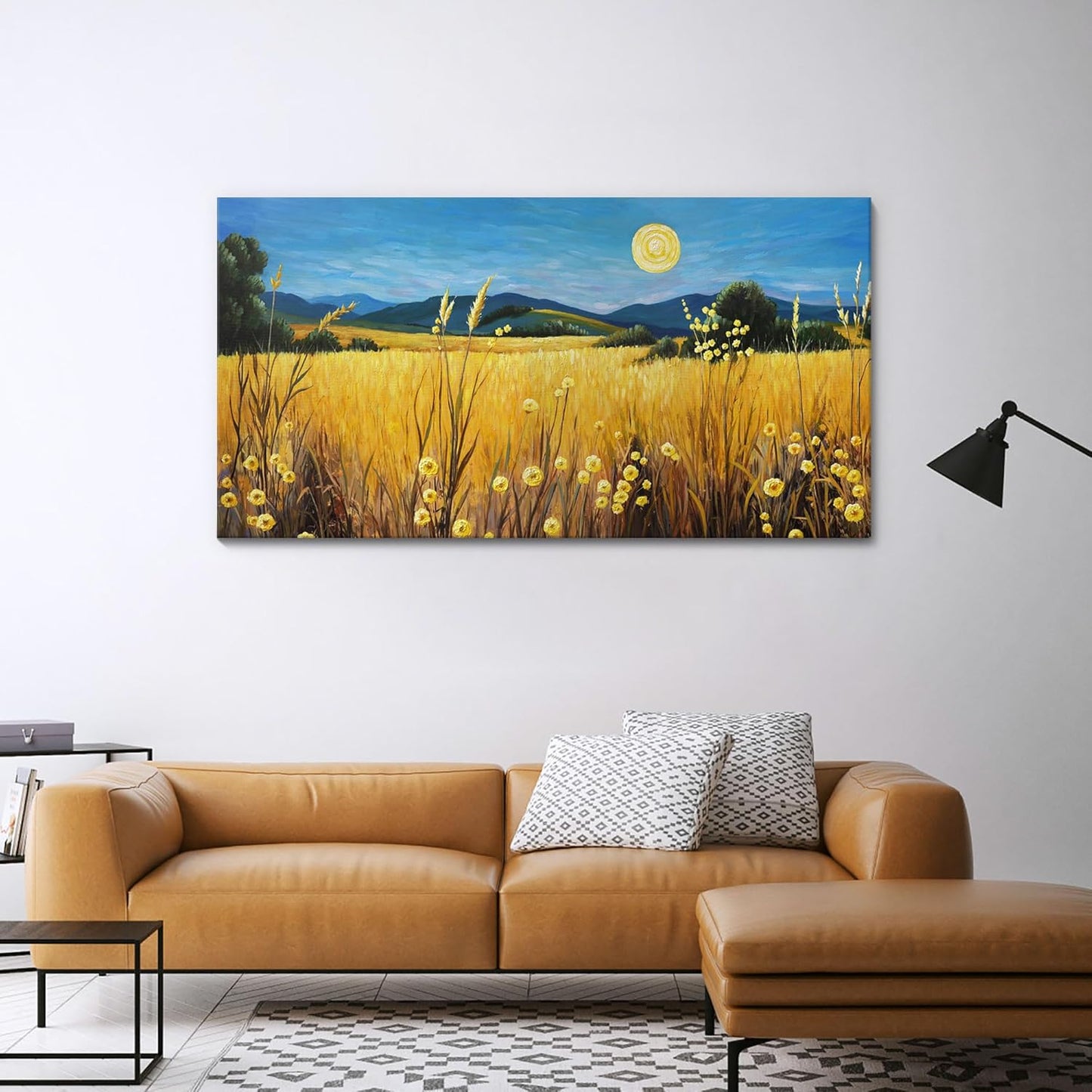 AJAZIKO Landscape Wall Art Moon Framed Canvas Wall Art Large Yellow Living Room Wall Decor Fall Paintings for Bedroom Nature Office Artwork 24×48IN