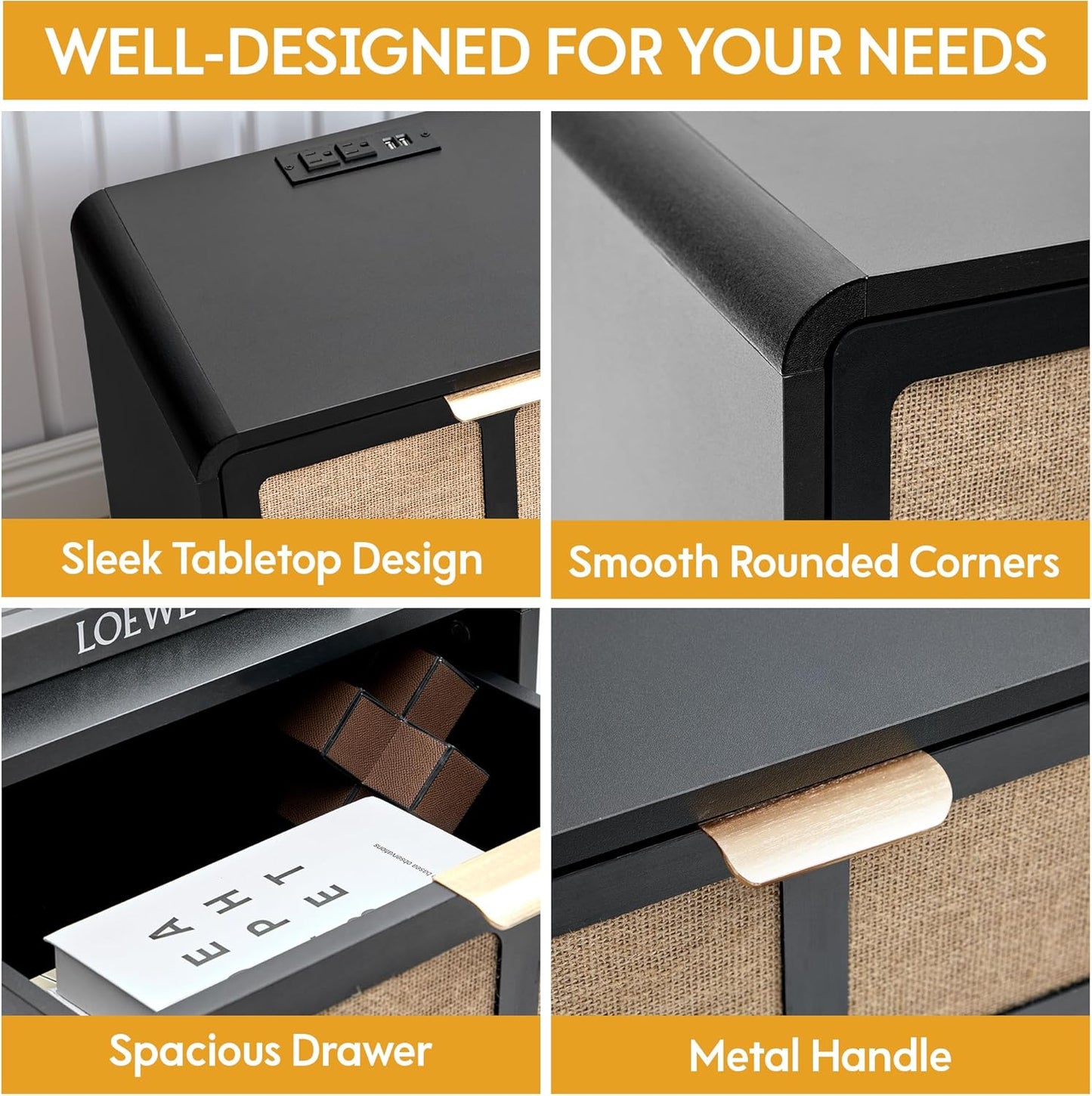 LEVNARY Nightstand with Charging Station, Mid-Century Modern Bedside Table with Curved Top Corners and Fabric-Like Textured Drawer, Wooden End Table for Farmhouse Bedroom Living Room (1, Black)