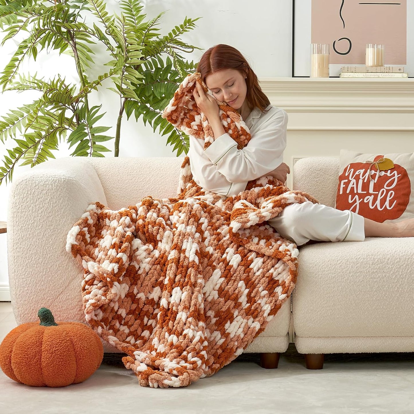 Amélie Home Chunky Knit Throw Blanket for Couch, Soft Chenille Crochet Blanket for Sofa, 50"x60", Space-Dyed Burnt Orange