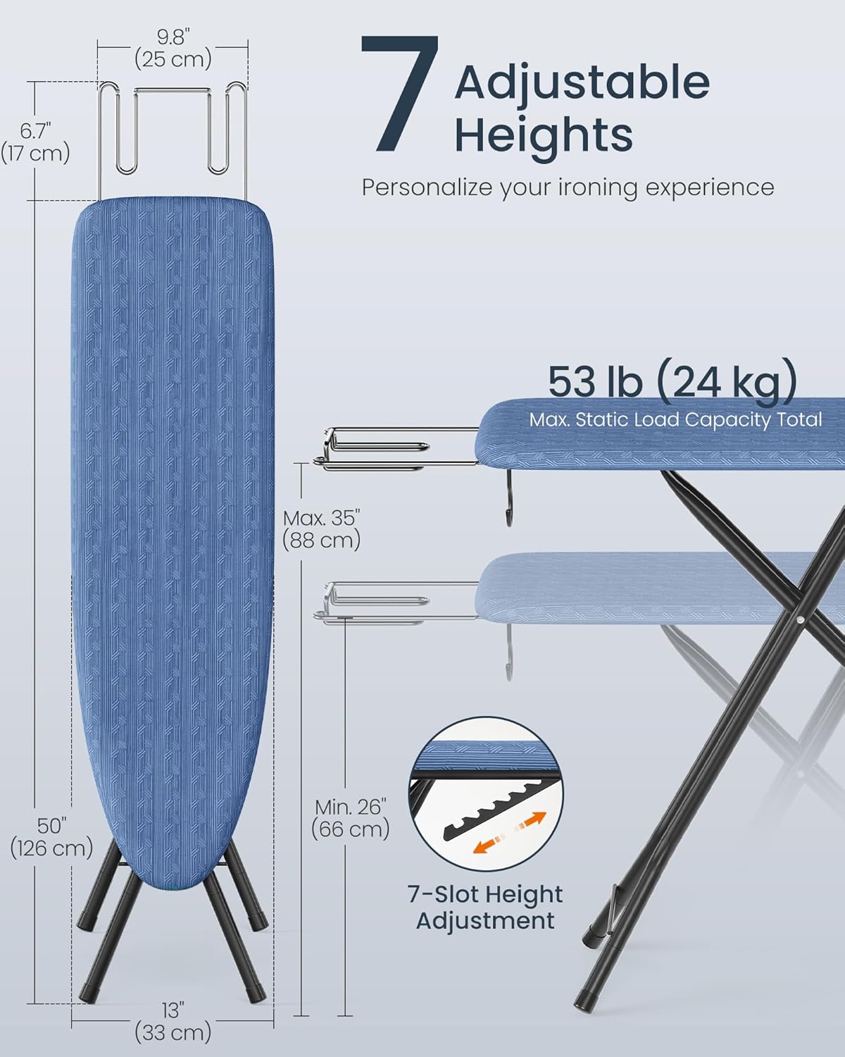 SONGMICS Ironing Board, Foldable Iron Board, Height Adjustable up to 35 Inches, with 4 Layered Cover and Pad, Iron Rest, Hook, Steel X-Legs, for Home, Laundry Room, Dorm, Midnight Blue ULLB001Q01