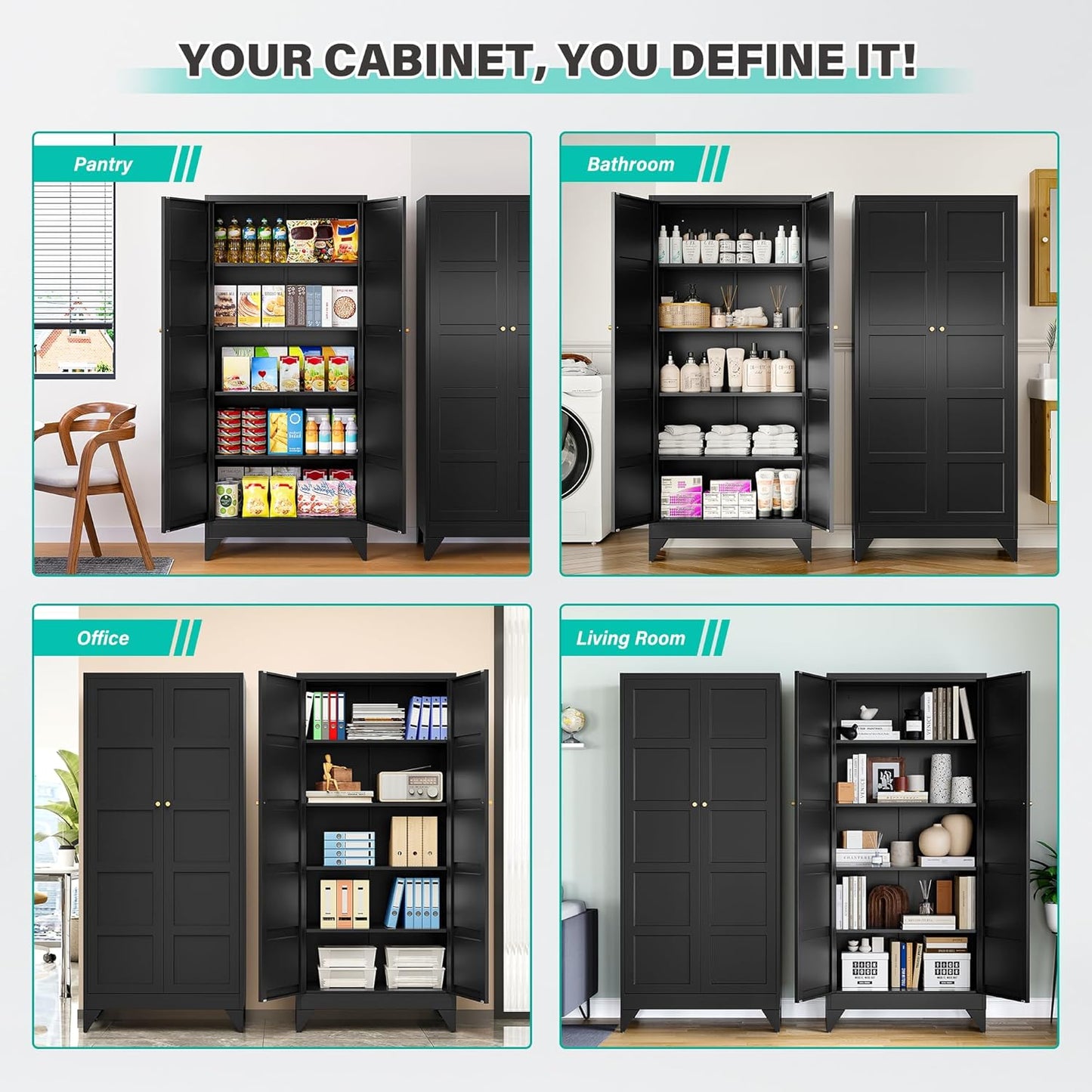 Metal Storage Cabinets with 2 Doors and 5 Shelves,Tall Storage Cabinet,Large Cupboard Closet,Pantry Storage Cabinet for Home,Office,Bathroom,Dining/Living Room (Black, 72" H)