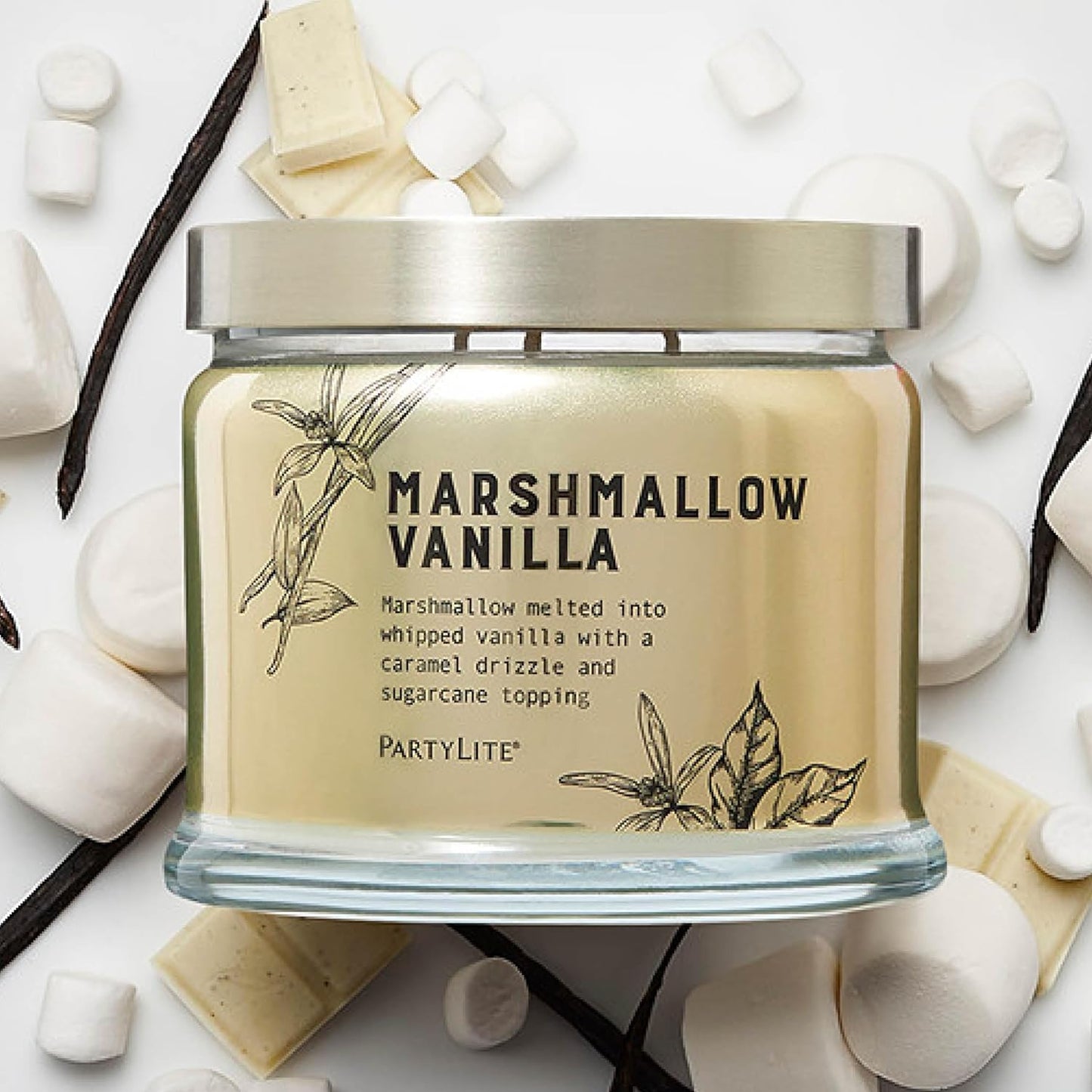 PartyLite Marshmallow Vanilla Scented with Caramel & Sugarcane Notes, 13.2oz 3-Wick Jar Candle, 45 Hour Burn Time, Luxurious Fragrance, Ideal for Gifting