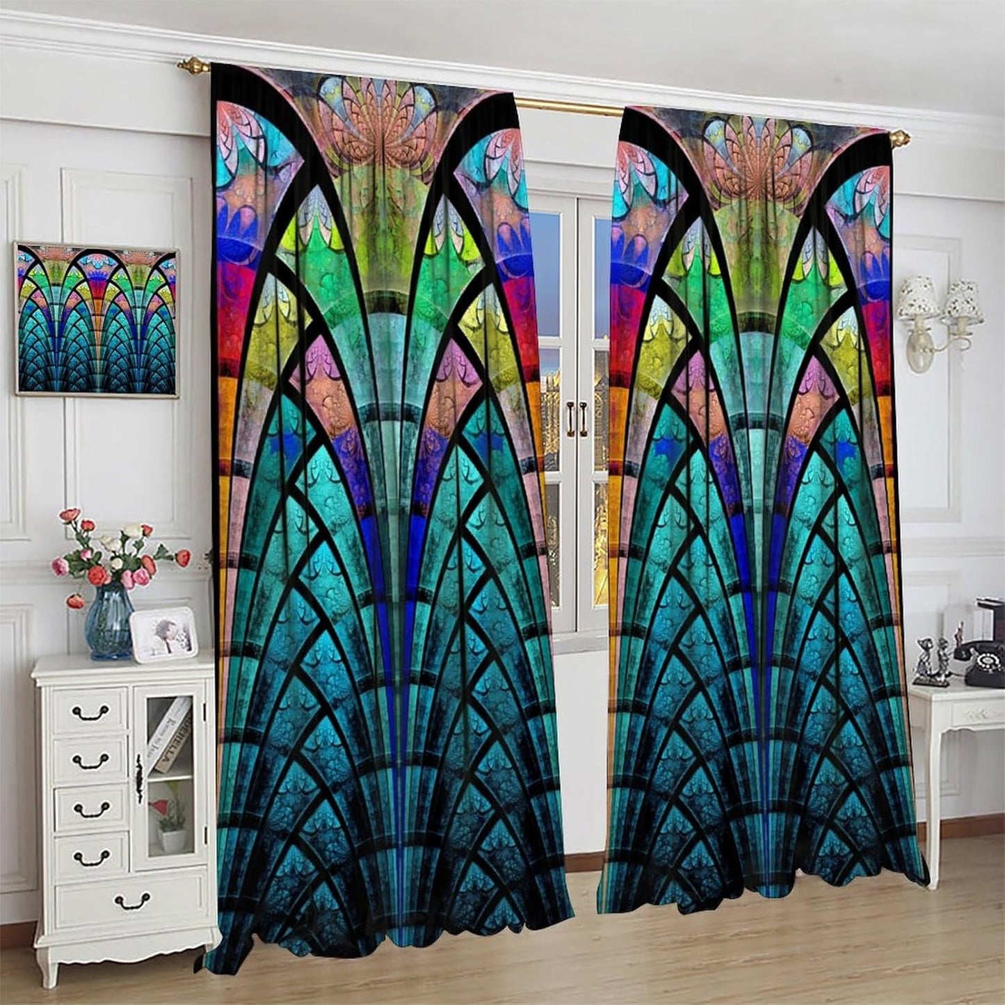 Stained Glass Curtains,Retro Design Style Colorful Abstract Art Home Decor Drapes for Bedroom Living Room Kitchen Window Treatment 2 Panels Set Total Size 42" W X 63" L Inch