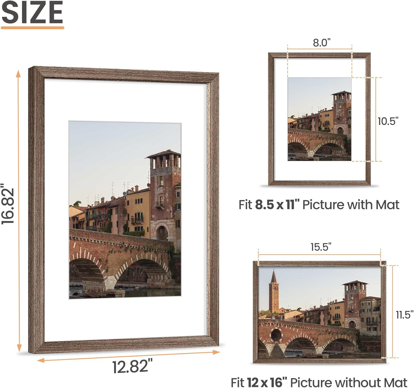 upsimples 12x16 Picture Frame, Natural Solid Wood Picture Frames, Display 8.5x11 with Mat or 12 x 16 Without, Vertical & Horizontal Wall Hanging, 1 Pack, Brown