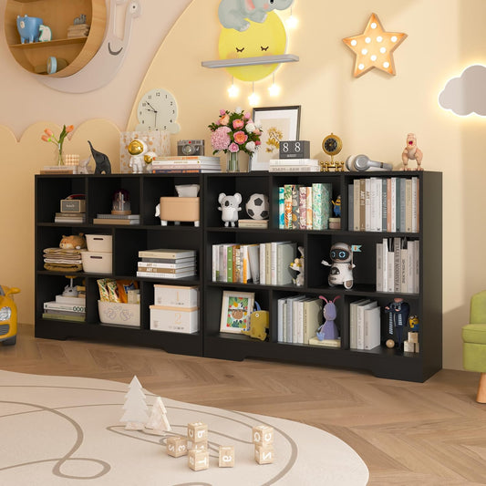 Book Shelf Set of 2, 8 Cubes Storage Organizer, Freestanding Balck Bookshelf Cube Shelf for Bedroom, Living Room, Home Office, 3-Tier Open Bookshelf Wooden Bookcase