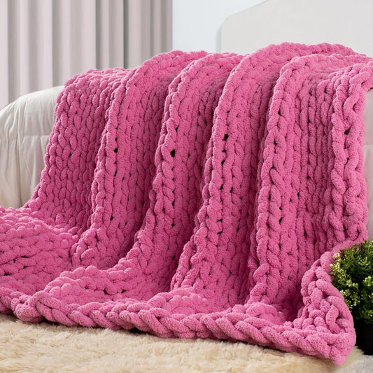 Carriediosa Chunky Knit Throw Blanket 60" X 80" Twin, 100% Hand Made Large Chenille Loop Yarn Soft Fluffy Throws for Couch Sofa Bed, Big Crochet Cozy Heavy Thick Cable Woven Blankets, Hot Pink