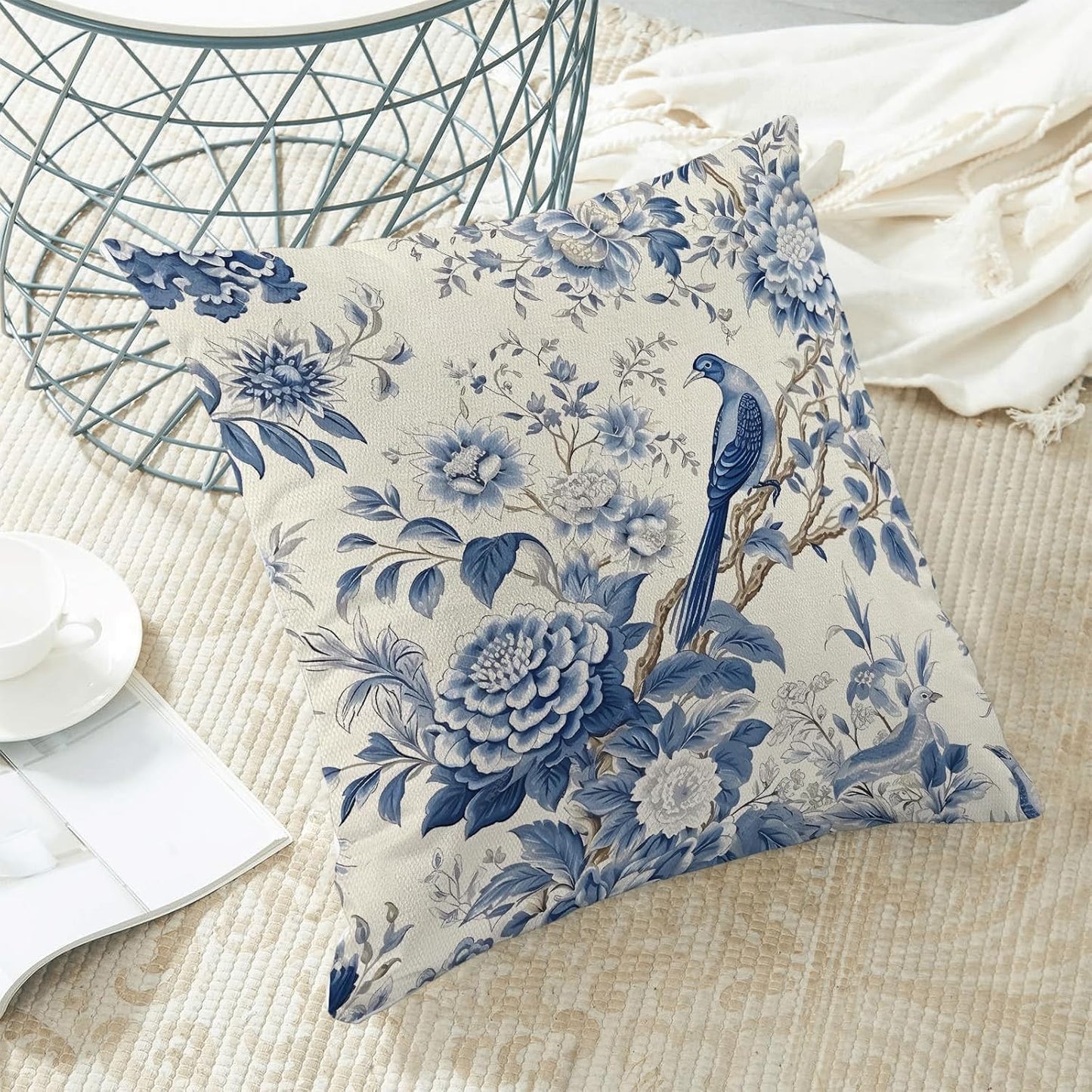 CXMEIFLY Spring Floral Pillow Covers 18 x 18 Inch Set of 2 for Chinoiserie Flowers Bird Decor Throw Pillows Vintage Blue and White Plant Outdoor Decorative Cushion Cases for Couch Bed Decorations