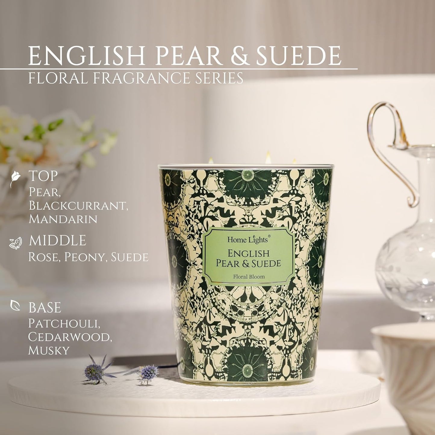 HomeLights Soy Wax Candles for Home Scented, 3-Wick Candles in English Pear & Suede Scented, Bohemian Natural Textures Aromatherapy Candles Gift for Parties, Relaxing, 34oz