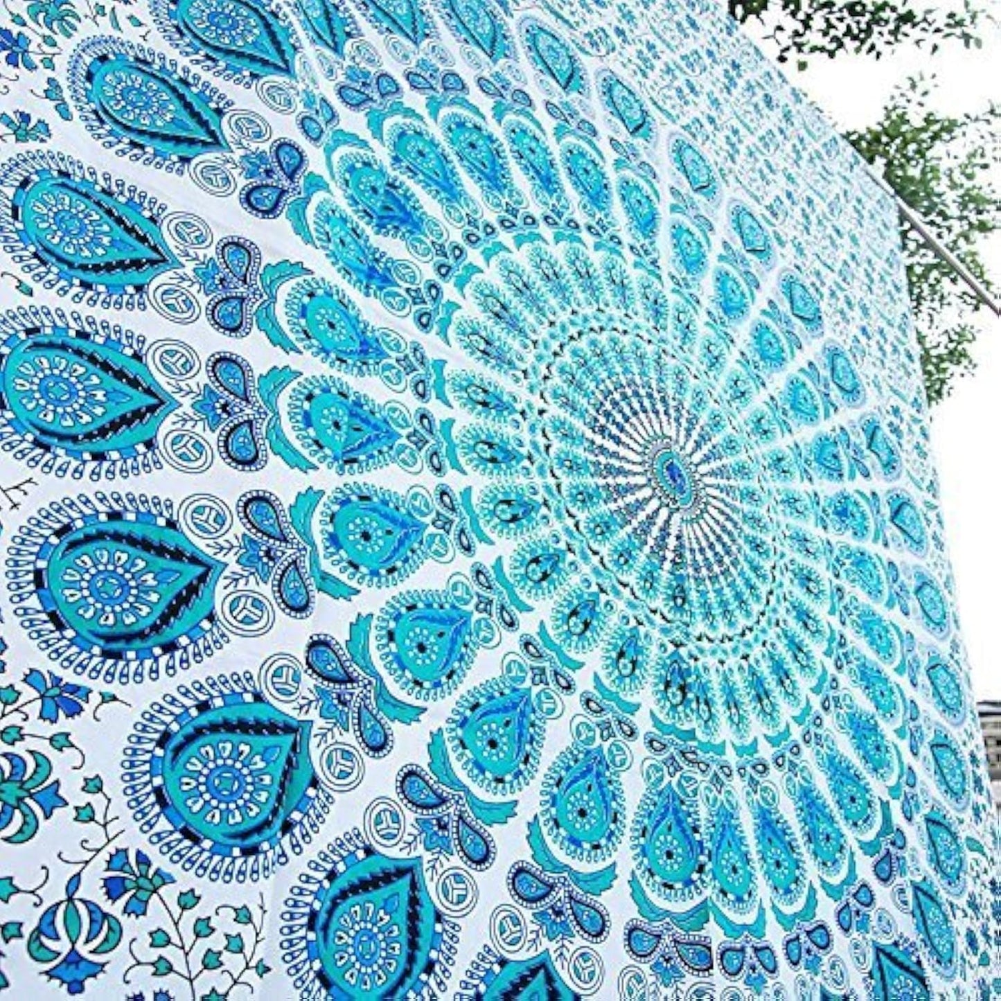 Bless International Handmade Indian hippie Bohemian Psychedelic Peacock Mandala Wall hanging College Dorm Beach Throws Table Cloth Bedding Tapestry (Peacock Sky Blue, King(88x104Inches)(225x265Cms))