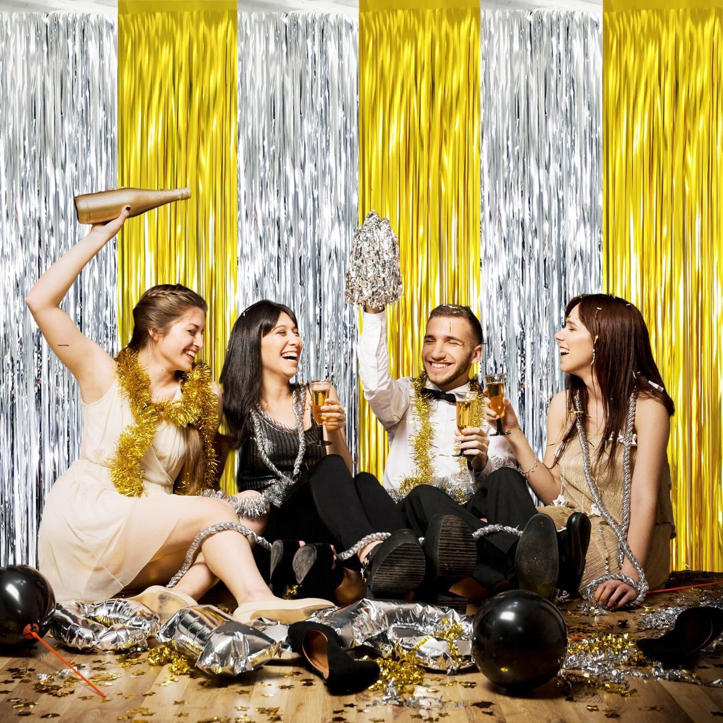 GOER 6.4 ft x 8.2 ft Metallic Tinsel Foil Fringe Curtains Party Backdrop Party Streamers for Birthday,Graduation,New Year Eve Decorations Wedding Decor (2 Pcs,Gold&Silver)