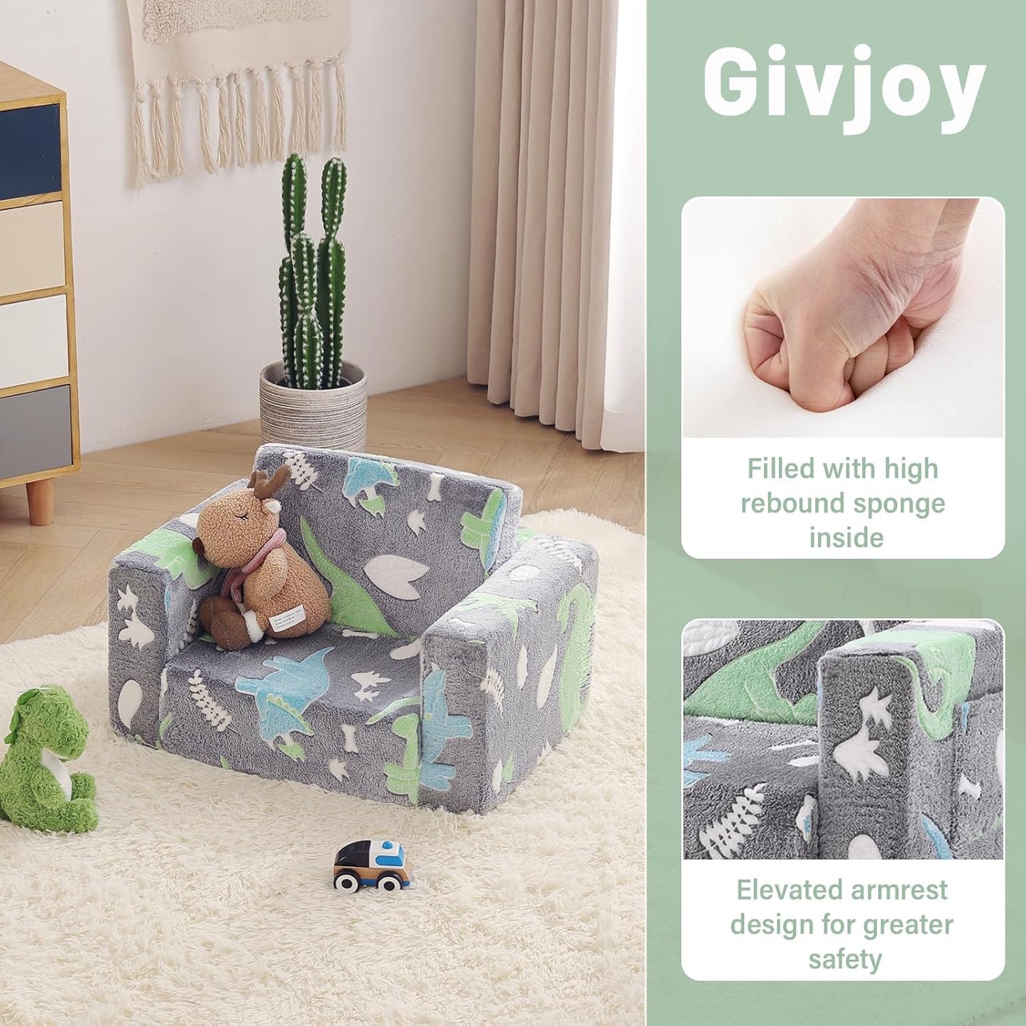Toddler Chair Kids Couch, 2-in-1 Toddler Soft Sherpa Couch Fold Out Armchair with Removable Cover, Convertible Reading Chair Toddler Sofa for Kids, Glow in The Dark Plush Grey Dinosaur