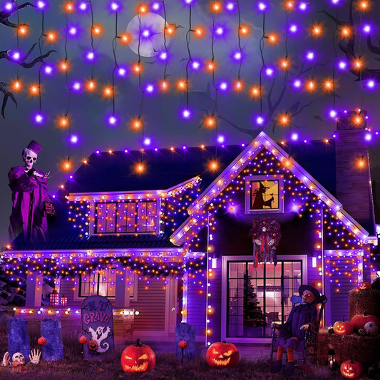 Heceltt Halloween Lights Outdoor, Orange and Purple 39FT 480LED Halloween String Lights with 90 Drops, 8 Modes Timer Memory Function, Night Light for House Roof Party Decor