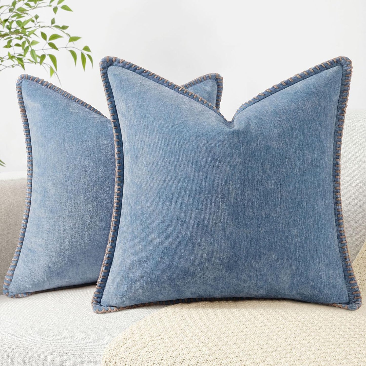 decorUhome Chenille Soft Throw Pillow Covers 16x16 Set of 2, Farmhouse Velvet Neutral Decorative Euro Pillow Covers with Stitched Edge for Couch Sofa Bed Home Decor, Blue