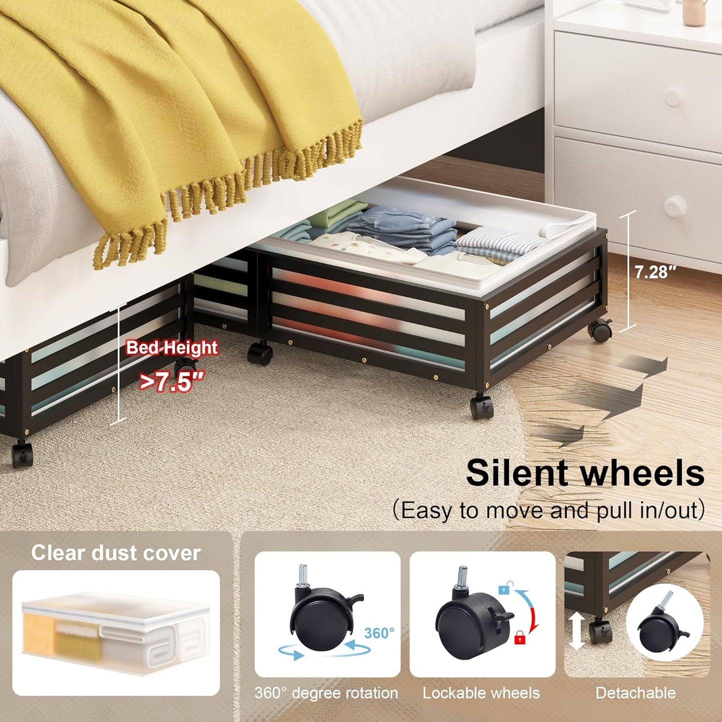 Under Bed Storage Containers With Wheels - 2 Pcs Large Bamboo Wood Rolling Underbed Shoe Storage Bins With Dust Bags for Clothes Blankets, Duvet Covers Snacks Toys (Black)