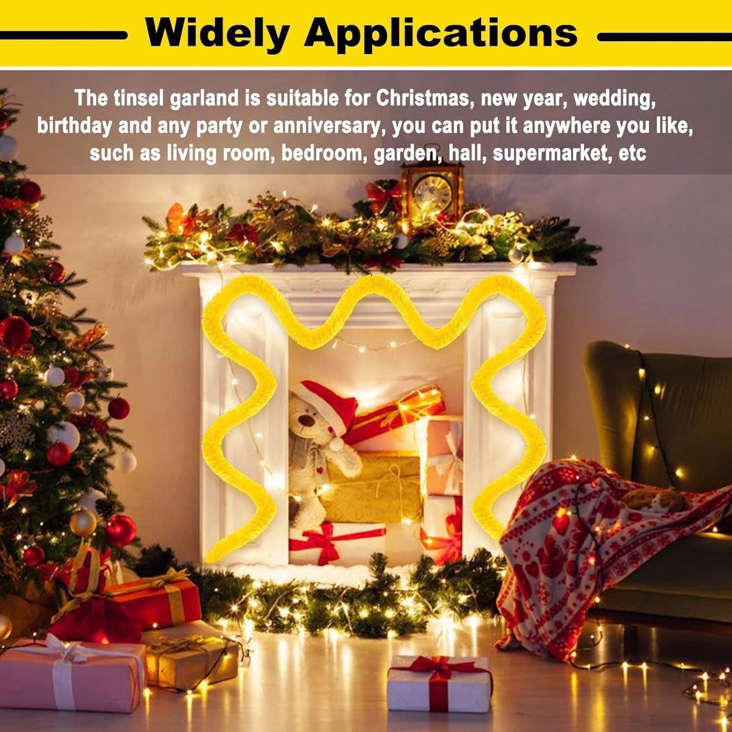 Macaron Metallic Twist Tinsel Garland - 50ft Wall Hanging Backdrop for Christmas, New Year & Valentine's Day Parties (Yellow, 2in x 50ft)