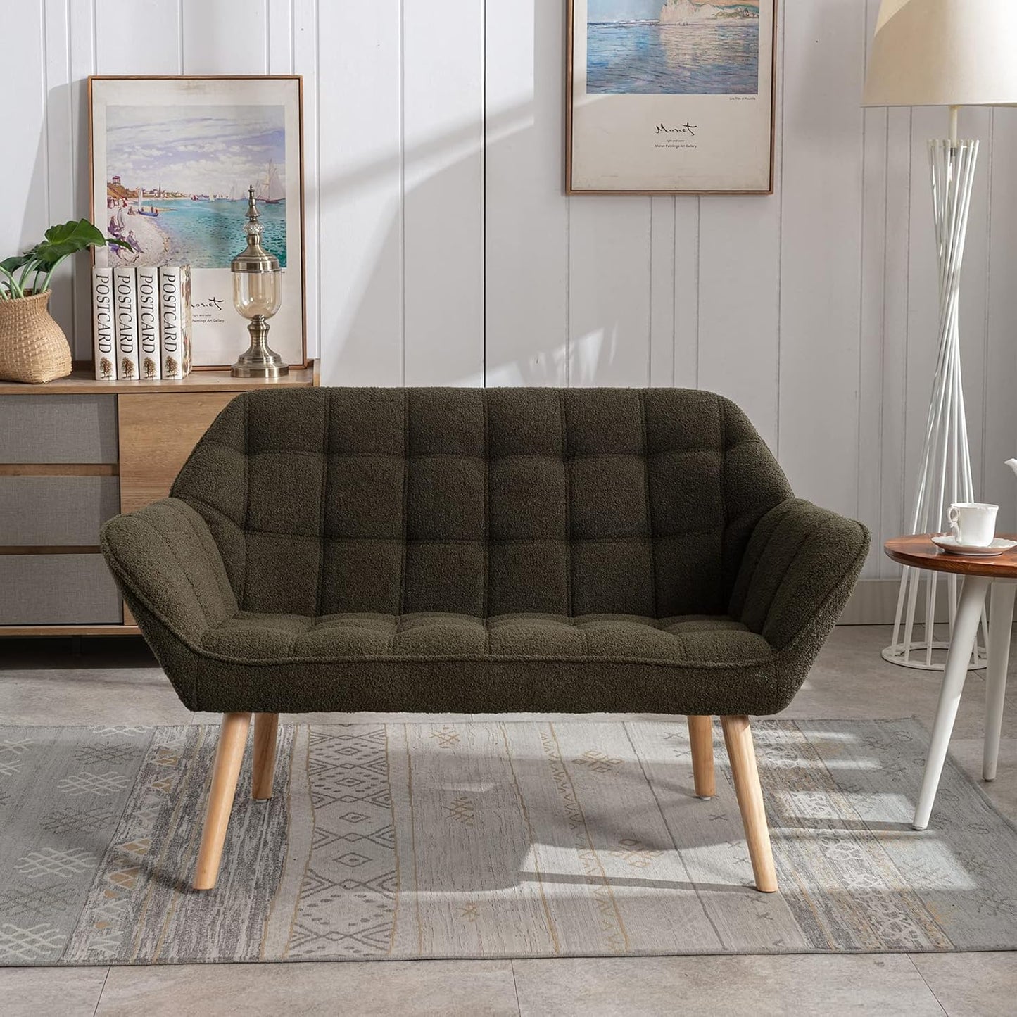 48" Small Loveseat Sofa, Modern Sherpa Mini Sofa Couch 2-Seater Fluffy Love Seat with Quilting Backs and Wood Legs for Living Room, Bedroom and Small Space, Green