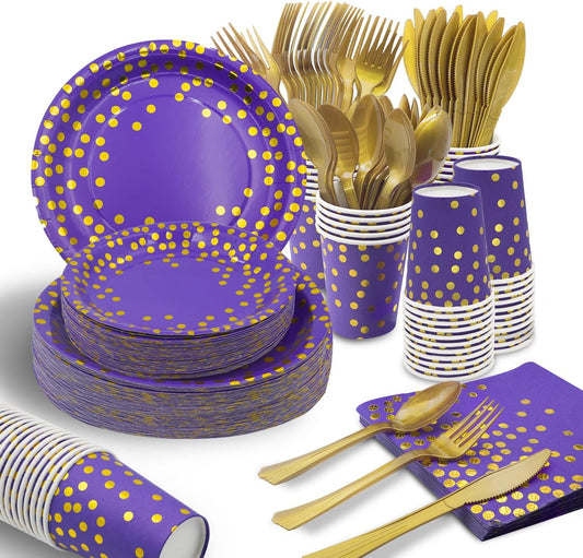 AIRE 350PCS Purple Gold Paper Plates Party Supplies for 50 Guests Party Decorations Disposable Dinnerware Paper Plates Cups Napkins Gold Plastic Forks Knives Spoons for Birthday Baby Shower Wedding
