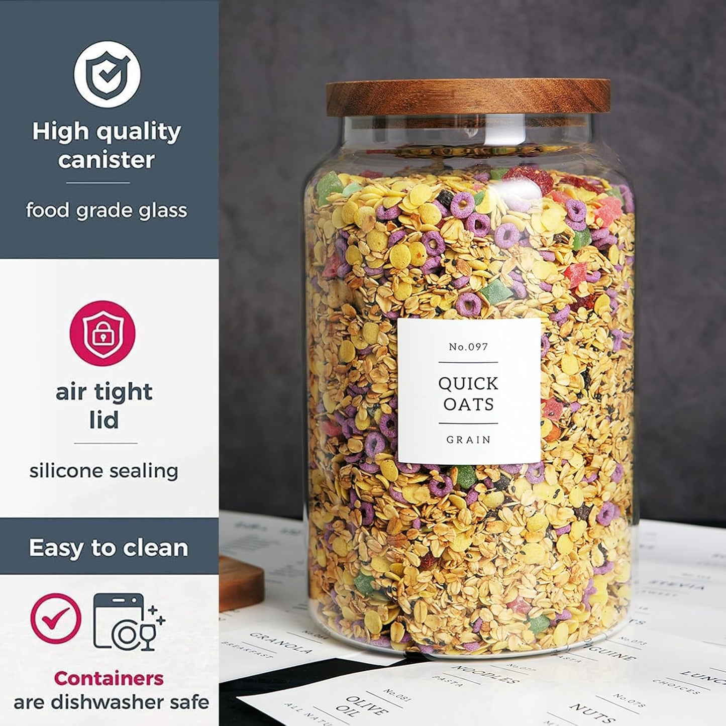 Set of 2 Large Glass Flour and Sugar Containers with 132 Pantry Labels - Glass Food Storage Jars with Airtight Bamboo Lid for Flour Pasta Candy Coffee Cookie and More(1 Gallon/4000 ml)