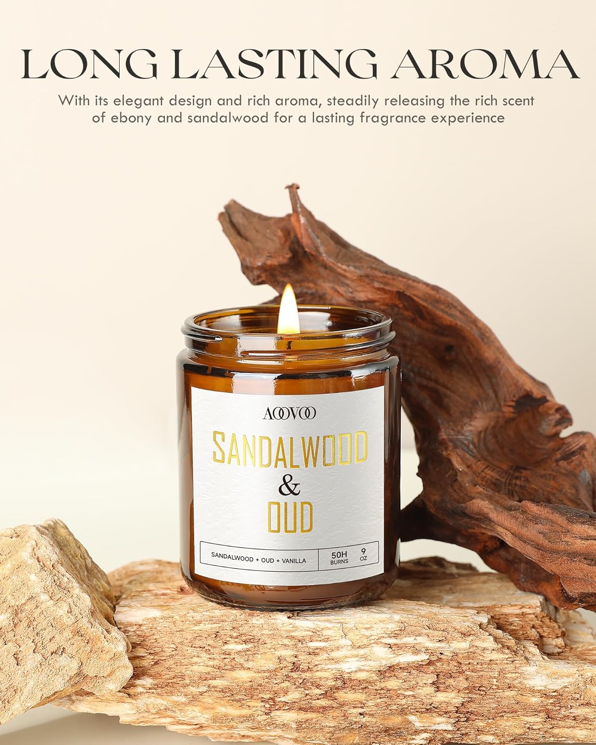 AOOVOO Sandalwood Oud Candle - Sandalwood Candle, Scented Candles, Soy Candles for Home Scented, 9oz