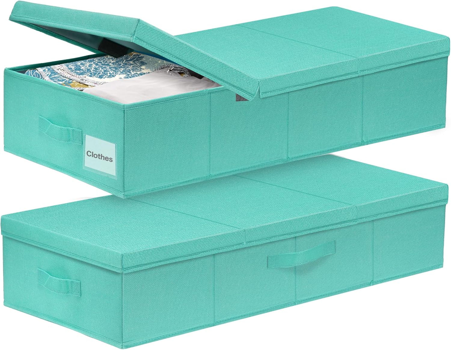 punemi Under Bed Storage With Lids, 2 Pack Large Underbed Storage Containers Clothes W/ 3 Handles, Foldable Low Profile Stackable Drawer Organizer Bins Box for Blanket Shoe,Tiffany Blue