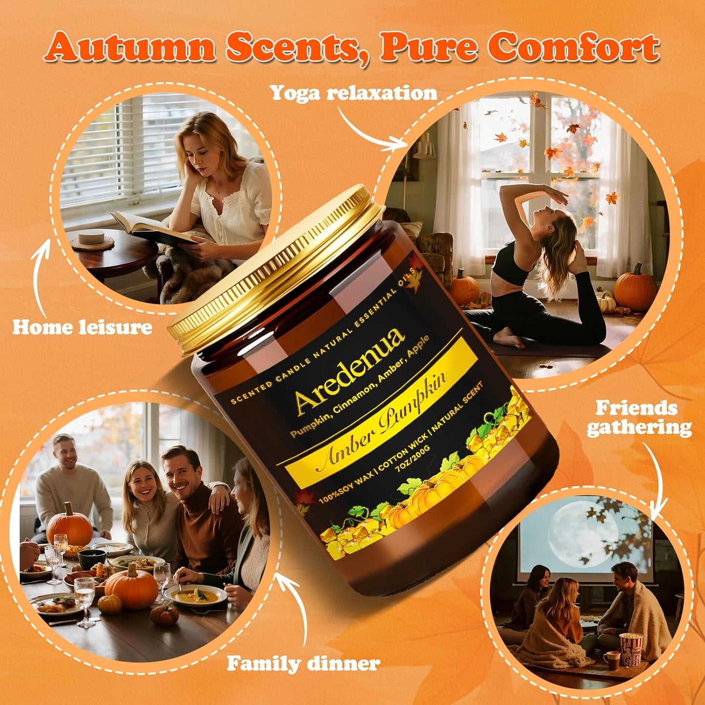 Amber Pumpkin Candle | Fall Pumpkin Candles - Scented Candle for Autumn, 7oz Soy Candles for Home Scented, 50 Hours Burn Time, Harvest Holiday/Halloween/Thanksgiving Fall Gifts for Women Men