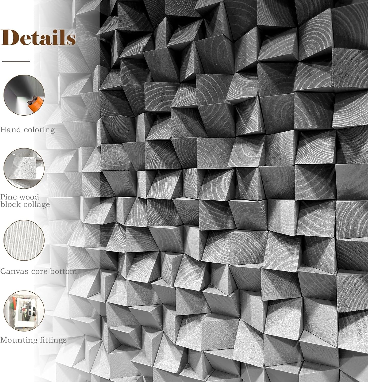 LIUZEYUE - Wooden Block Stereoscopic Painting Geometric Modeling Wall Decoration 3D Wooden Artwork Living Room Bedroom Background Wall Office Decoration Black and White Gradient 35.4"x70.8"