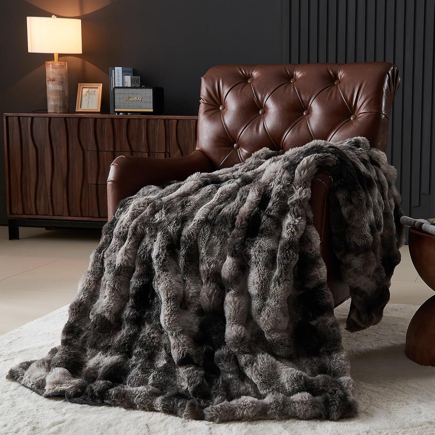 Lotus Karen Faux Fur Blanket Tie-Dye Dark Gray Twin Size - Big Bubble Rabbit Fluff Throw for Couch Small Fluffy Fuzzy Cozy Thick Furry Plush Shaggy Blankets 108x90 Inches