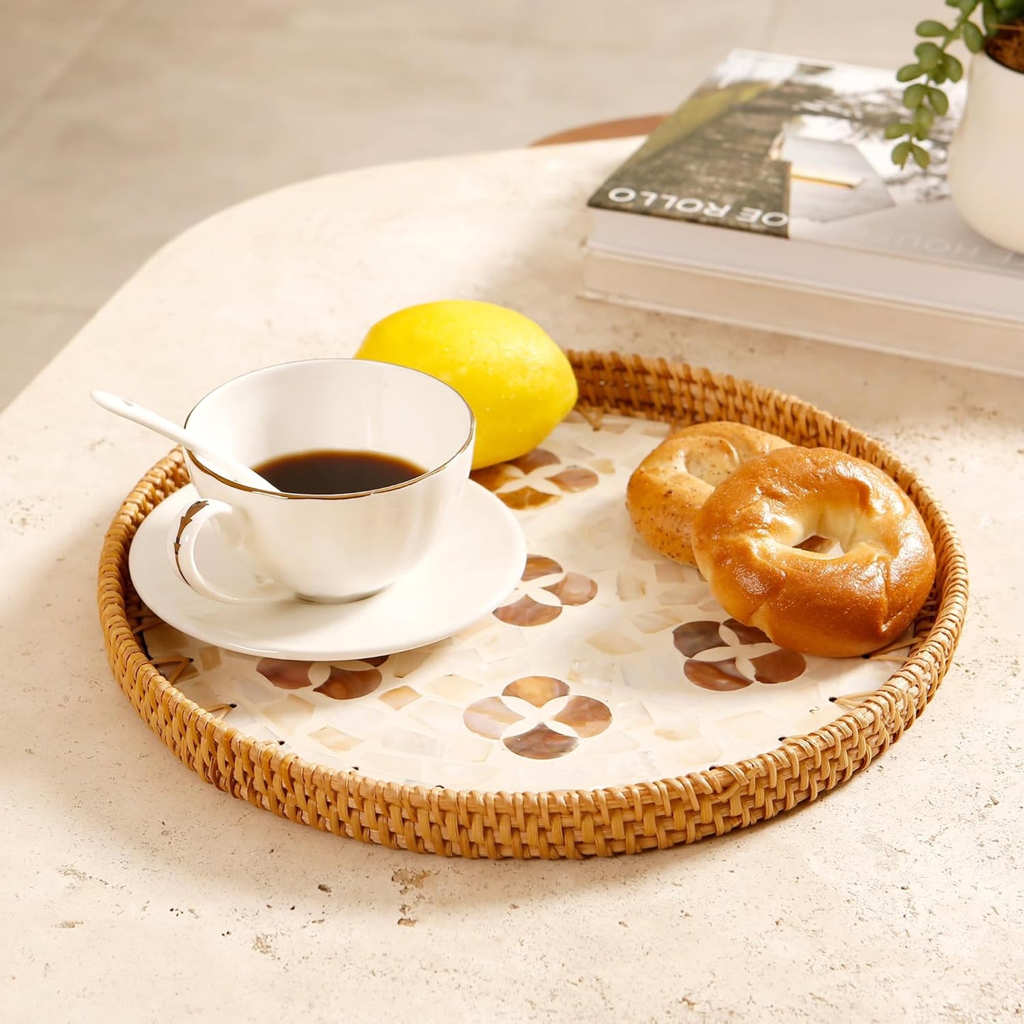 Round Rattan Tray with Mother of Pearl Inlay & Wooden Base - Decorative Wicker Serving Tray for Coffee/Bread/Fruits, Food Storage & Display - Multipurpose Home Decor (L,Four-Petal Flower)
