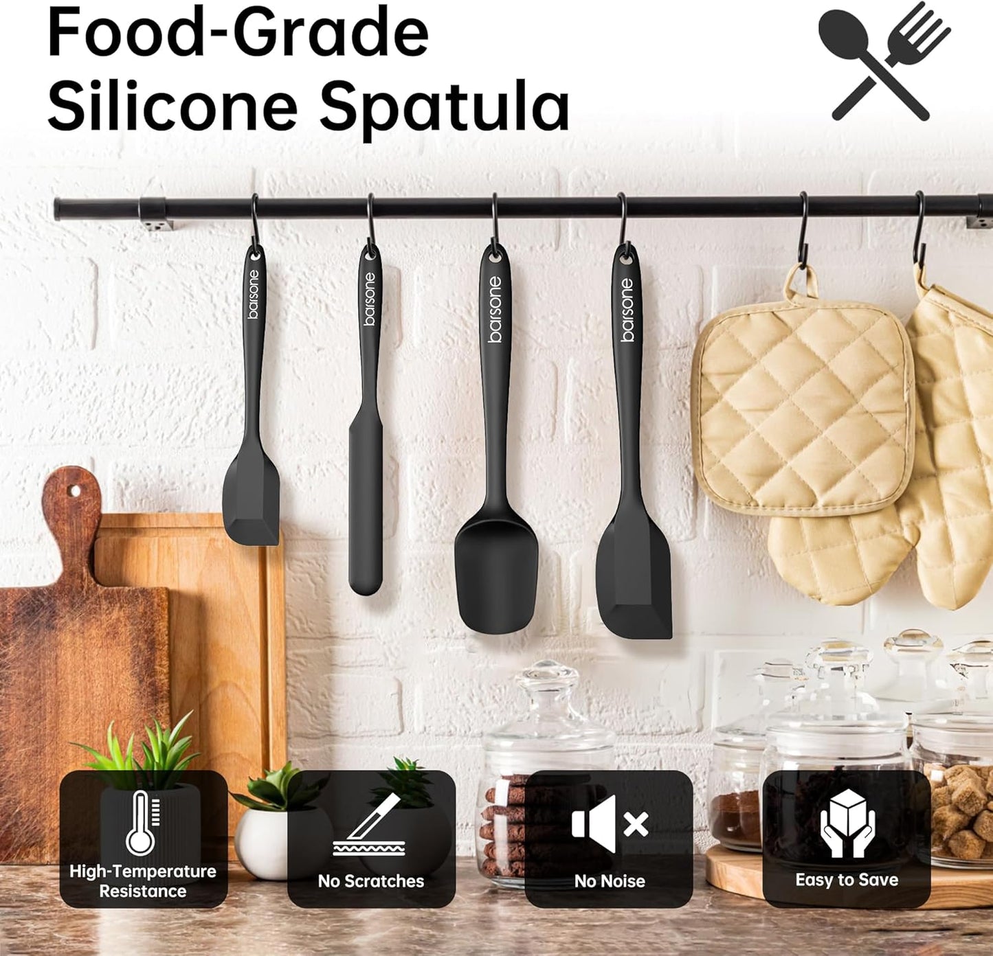 Barsone 4-Piece Silicone Spatula Set（ Heat Resistant 446°F Food Grade BPA Free, Nonstick Cookware Safe Dishwasher Safe Kitchen Tools for Baking, Cooking, Stirring, Black）