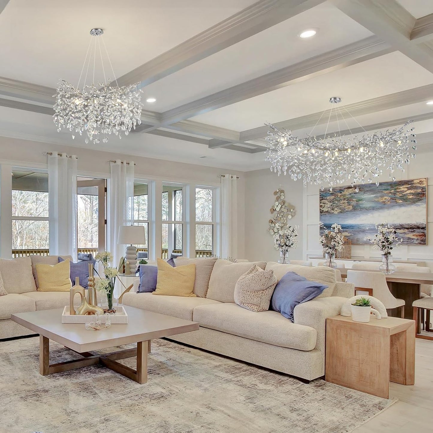 Modern Round Crystal Chandeliers, 30" Crystal Chandeliers for Dining Room,Silver Tree Branches Chandelier, for Living Room,High Ceiling,Foyer,Entryway,Kitchen Island